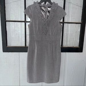 Sandra Darren dress, solid gray with ruffled V-neckline, zipper in back